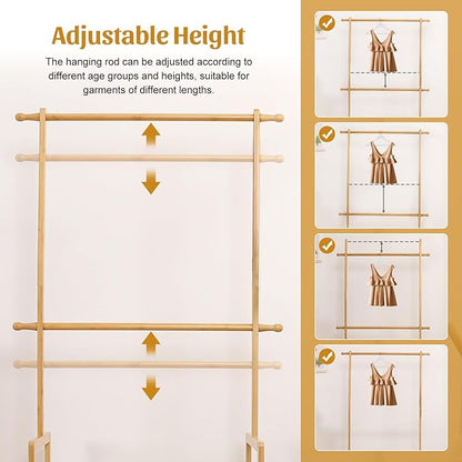 Kids Clothing Rack Bamboo with 2 Storage Baskets and 2 Adjustable Hanging Rods,Child Garment Holder with Shelf, Dress up Racks for Playroom,Toddlers Bedroom (Natural)