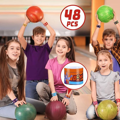 Marsui 48 Pcs Bowling Slap Bracelets Bulk Bowling Party Favors Snap Bracelets Bracelets Wristbands for Classroom Prizes Bowling Party Decorations Birthday Party Favors Gifts Supplies, 24 Designs