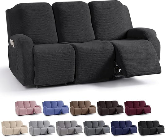 KinCam Recliner Covers, Stretch Reclining Chair Covers, Recliner Sofa Slipcovers Stripe Jacquard Recliner Couch Covers Furniture Protector Covers for Pet Kid (3 Seater, Black)