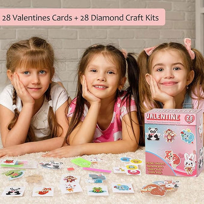 Valentines Day Cards for Kids - 28pcs Diamond Animal Craft Kits Valentines Cards, Kids Valentines Day Cards with 7 Different Gem Stickers for School Classroom Valentine's Gifts Exchange Decorations