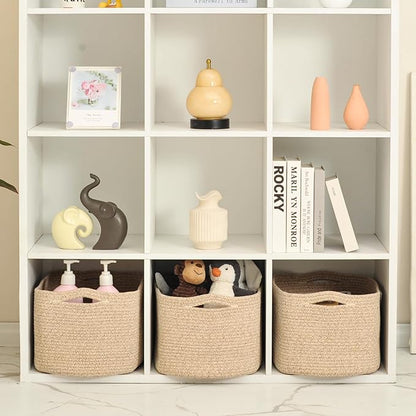 ICERZCZ Large Storage Baskets for Organizing Shelves, Woven Cotton Rope Bins for Baby Nursery Organization, Book Toy Towel Organizer, 17"x13"x9.5", 3 Packs, Brown