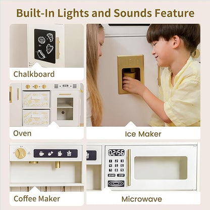 Play Kitchen Sets for Kids Ages 4-8 Pretend Wooden Kids Kitchen Playset Toy Kitchen with Real Sound& Light &Toy Storage System&12 Pcs Toddler Kitchen Accessories, for Boys and Girls,White Gold