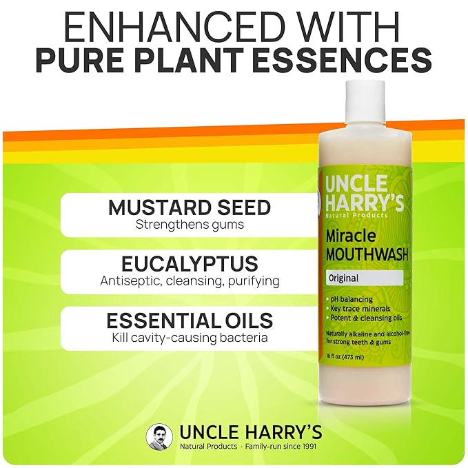 Uncle Harry's Natural Alkalizing Miracle Mouthwash | Adult & Kids Mouthwash for Bad Breath | pH Balanced Oral Care Mouth Wash & Mouth Rinse (16 fl oz)