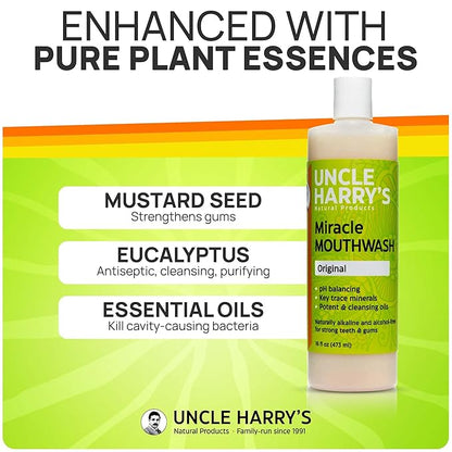 Uncle Harry's Natural Alkalizing Miracle Mouthwash | Adult & Kids Mouthwash for Bad Breath | pH Balanced Oral Care Mouth Wash & Mouth Rinse (16 fl oz)