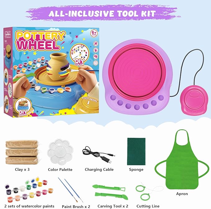 TingingYuli Pottery Wheel for Kids with Clay Kit - Arts and Crafts for Kids Ages 6-8 8-12, Complete Pottery Kit with Air Dry Clay and Painting Tools, Easter Christmas Birthday Gift for Boys Girls