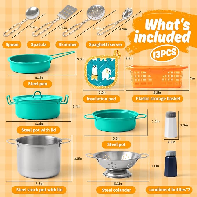 Kids Play Kitchen Toy Accessories Set Toddler Cooking Playset Colorful Stainless Steel Pots and Pans Birthday Gifts for 3+ Girls Boys (Green)