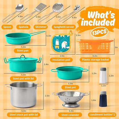 Kids Play Kitchen Toy Accessories Set Toddler Cooking Playset Colorful Stainless Steel Pots and Pans Birthday Gifts for 3+ Girls Boys (Green)