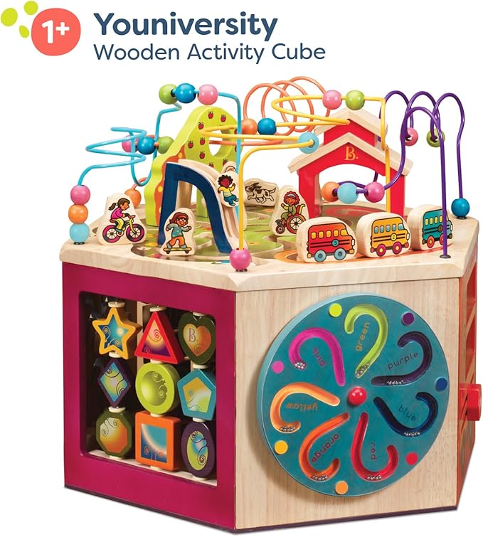B. toys- Youniversity- Wooden Activity Cube – Developmental Learning Center – Toys for Toddlers, Kids – Alphabet, Numbers, Shapes – 12 Months +