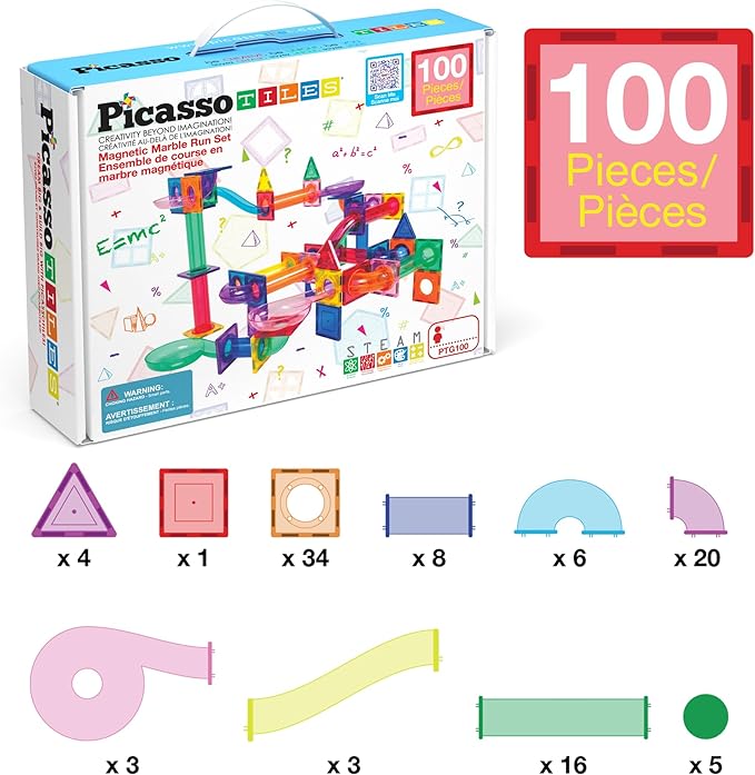 PicassoTiles 100pc Magnetic Marble Run Set with Racing Track Tiles Funnels Curved Slopes and Steel Balls for Kids STEM Construction Indoor Learning Toy that Promotes Focus and Problem Solving PTG100