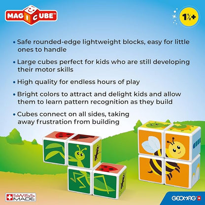 Geomag MagiCube Small Animals 4-Piece Magnetic Stacking Cubes Building Set, Toddlers & Kids Ages 1.5 and Up, STEM Educational Toy, Swiss-Made, Creativity, Imagination, 6 Adorable Building Ideas