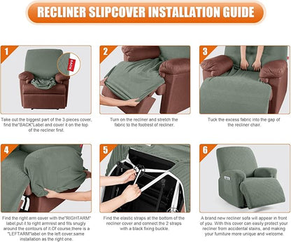 VANSOFY Recliner Cover, 3-Pieces Stretch Reclining Couch Covers with Pockets Reclining Sofa Slipcovers 3 Seater Soft Washable Furniture Protector for Dogs Cats(Bean Green)