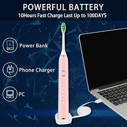7AM2M Ultrasonic Electric Toothbrush with 6 Brush Heads for Adults&Kids, One Charge for 90 Days, Wireless Fast Charge, 5 Modes 40000VPM Powered Toothbrush, 2 Minutes Built in Smart Timer-Rose Pink