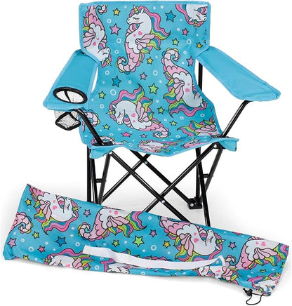 Emily Rose Kids Folding Chair | Beach Chair with Safety Lock- Camping Chair for Boyos Girls Toddler with Cup Holder & Carry Case- Tailgate, Travel, Lawn- for Indoor & Outdoor (Sea Unicorns)