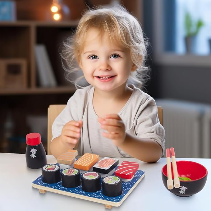 Sushi Slicing Play Food Set, Wooden Pretend Play Kitchen Toys for Kids 3+, Sushi Food Play Learning Toy for Girls Boys