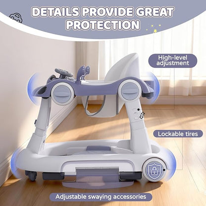 Baby Walker with Wheels, 5-in-1 Foldable Infant Toddler Walker for Boys Girls 6-18 Month, Music Walker for Baby with Car Steering Wheel &Removable Footrest,Baby Push Walker Dark Blue