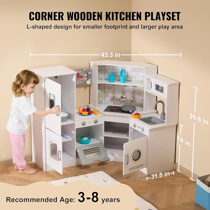 VEVOR Corner Wooden Play Kitchen, Toy Set with Lights and Sounds, Toddler Kitchen with Ice Maker, Oven, Sink, Clock, Microwaves, Refrigerator and Accessories, for Toddlers, Preschoolers, White