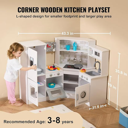 VEVOR Corner Wooden Play Kitchen, Toy Set with Lights and Sounds, Toddler Kitchen with Ice Maker, Oven, Sink, Clock, Microwaves, Refrigerator and Accessories, for Toddlers, Preschoolers, White