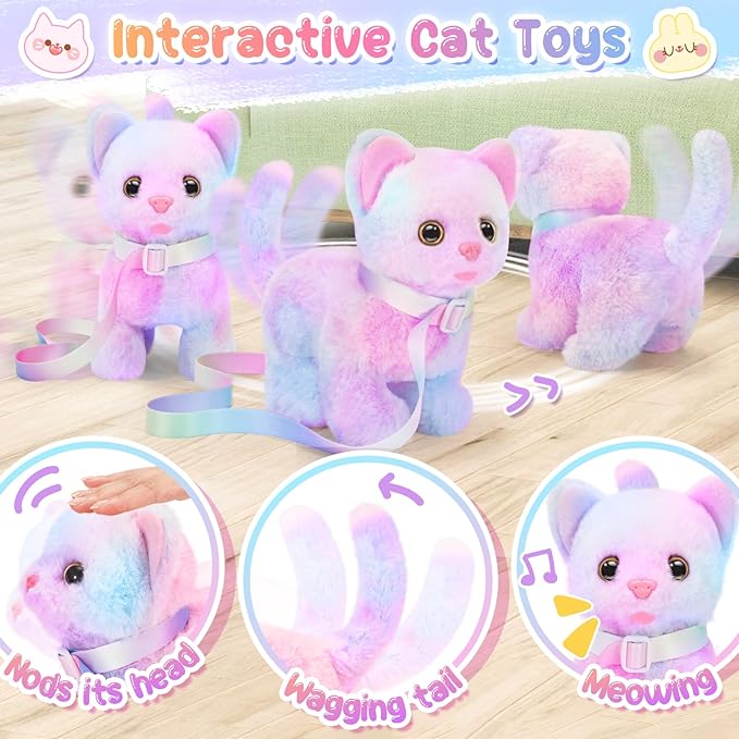 NINAOR Plush Interactive Cat Toys for Kids with Tote Bags, Stuffed Robot Pet Kitten with Leash Walking Meow Pretend Play, Realistic Cute Stuff Fidget Toys for Toddler Stocking Stuffers Birthday Gifts