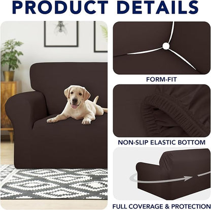 PureFit 100% Dual Waterproof Couch Cover Slipcovers for Couches and Sofas - Stretch Non Slip Fleece Sofa Covers Washable, Leakproof Furniture Protector for Kids, Pets, Dog (Chair, Chocolate)