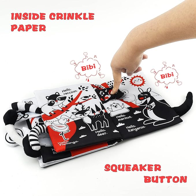 OKOOKO Soft Baby Book Black and White High Contrast Animals Tails Book Bath Book Montessori Sensory Stroller Toy Non-Toxic Crinkle Washable Early Education for Baby Infant Toddler