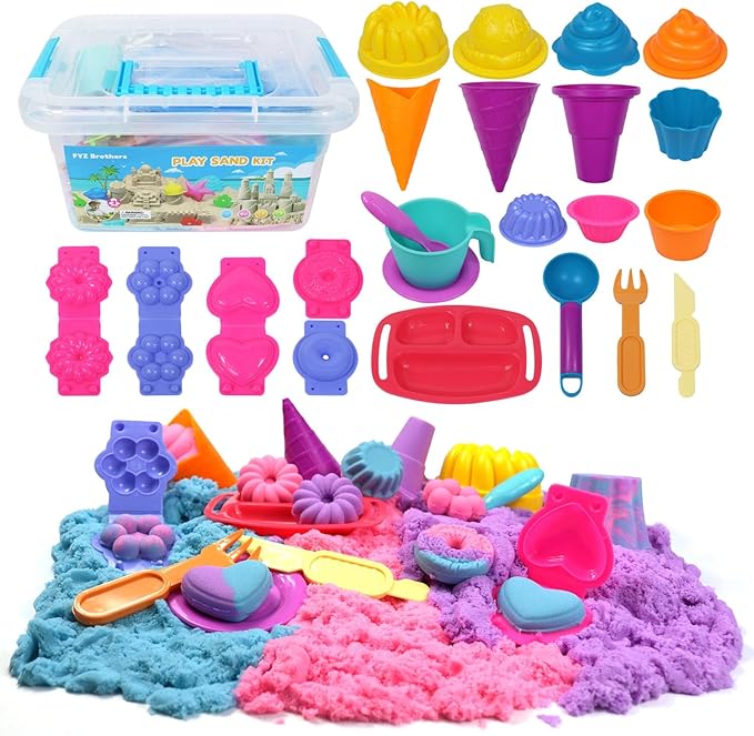 FYZ Brothers Play Sand Kit, Ice Cream Sand Toys, 3lbs Color Sand, 25Pcs Sandbox Sand Kit Beach Toys for Girls Boys - Kitchen Molds Tools Toys