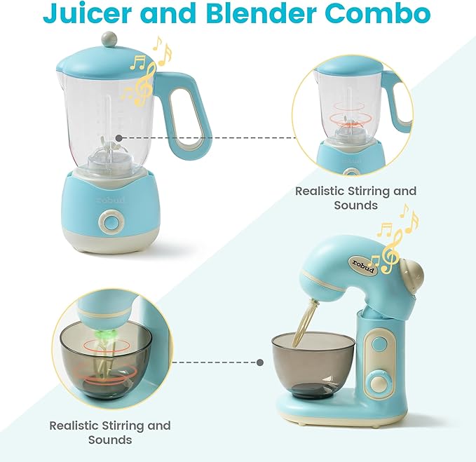 ROBUD Play Kitchen Toys, Toy Blender and Toy Juicer Set, Pretend Play Kitchen Appliances Toy Set with Accessories, Realistic Light and Sound, Boys & Girls Toys Ages 3+