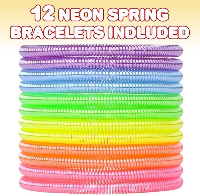 ArtCreativity Spring Bracelets - Pack of 12 Elastic Plastic Wristbands in Assorted Neon Colors - Fun Party Favor, Carnival Prize - Amazing Gift for kids, adults