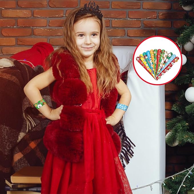48 Pieces Christmas Slap Bracelets Bulk - 12 Assorted Designs Holiday Snap Bands, Santa Claus, Snowman, Reindeer Themed Party Favors for Kids Adults, Xmas Stocking Stuffers, Classroom Prizes