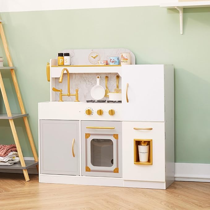 Teamson Kids - Wooden Play Kitchen Set for Kids, Children Toddler Kitchen Playset, Pretend Toy Kitchen Sets for Kids Ages 4-8, Versailles Play Kitchen with Cookware Accessories - White