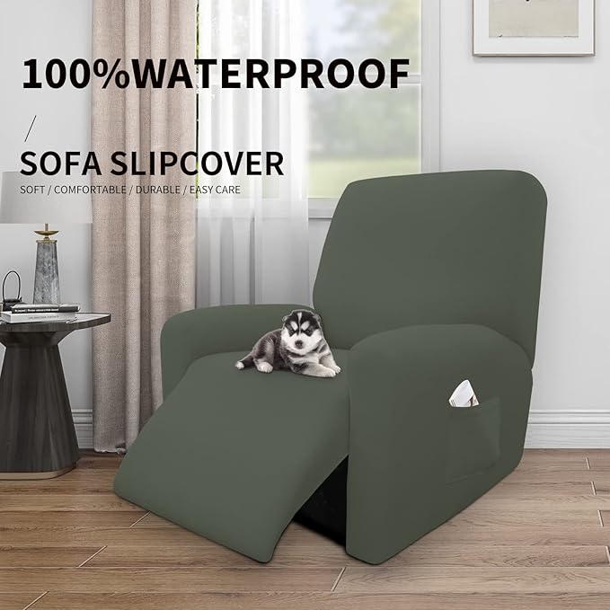 Easy-Going 100% Dual Waterproof Recliner Cover Stretch Soft Couch Cover for Dogs, Sofa Slipcover for Recliner Couch Leakproof Furniture Protector for Kids, Pets Grayish Green