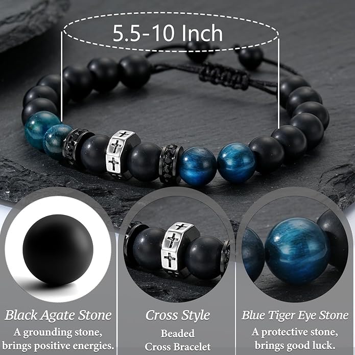 To Mens Gifts Cross Bracelet for Boys Son Grandson Brother Nephew, Cross Beads Bracelet Christian Birthday Graduation Gifts for Teen Boys