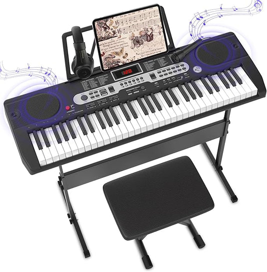 Fenbeli Piano Keyboard for Beginner, 61 Key Electric Keyboard Piano with Keyboard Stand, Piano Bench, Microphone, Headphone, Sheet Music Stand, LED Screen, Dual-Speakers, Teaching Modes (Black)