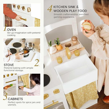 Tiny Land Play Kitchen, Kids Kitchen Playset, Toddler Kitchen with Cutting Food Set, Wooden Kitchen Sets for Kids, Best Gift for Girls and Boys