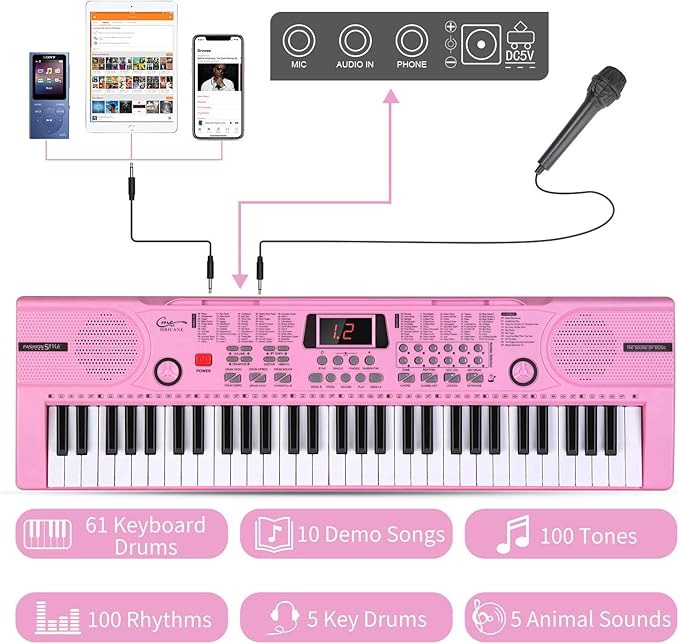 Hricane Piano Keyboard, 61 Keys Beginner Electronic Keyboard Portable Digital Music Keyboard, Early Education Music Instrument with Microphone & Music Sheet Stand