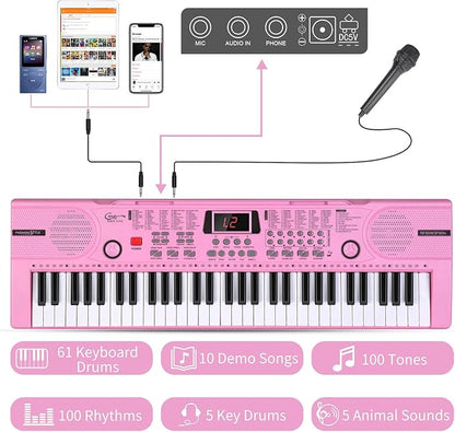 Hricane Piano Keyboard, 61 Keys Beginner Electronic Keyboard Portable Digital Music Keyboard, Early Education Music Instrument with Microphone & Music Sheet Stand