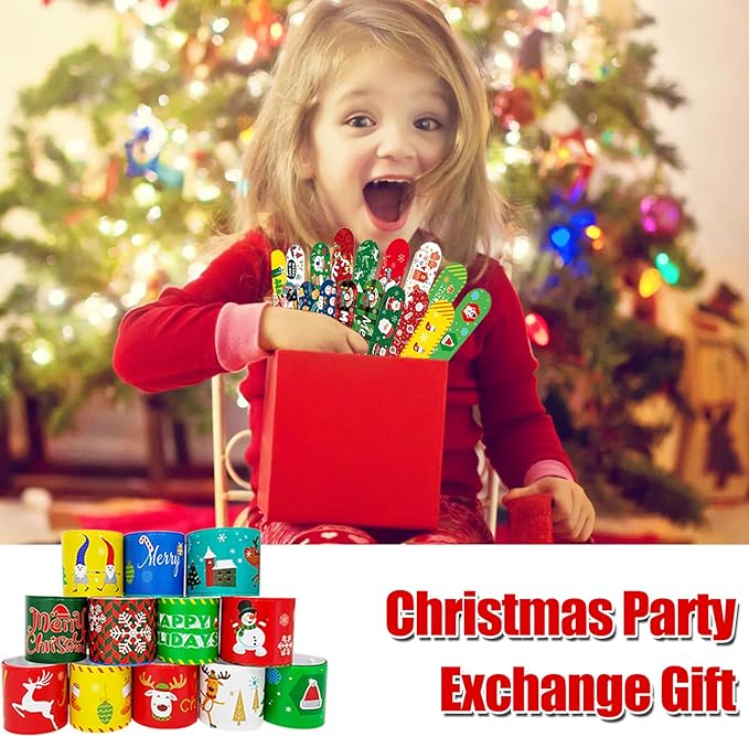 100Pcs Christmas Slap Bracelets, Christmas Party Favors Fidget Toys, Xmas Snap Wristbands for Kids Christmas Gifts, Goodies Stocking Stuffers, Classroom Prizes