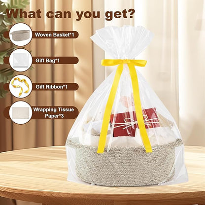 OIAHOMY Gift Basket with Handle, Small Woven Basket with Gift Bag，Ribbon and Wrap Tissue Paper，Nursery Bins Empty to Fill with Small Items, Baby，Pet Toy Organizer - Brown