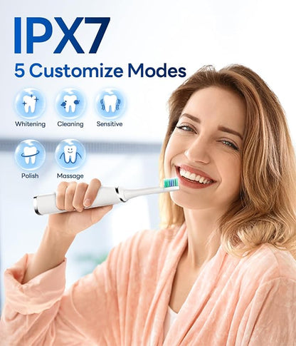 Bymore Electric Toothbrush for Adults,Travel Sonic Toothbrush with 8 Replacement Heads, Ultra Clean Rechargeable Toothbrush Portable One Charge for 330days 5 Modes 2mins Timer-White
