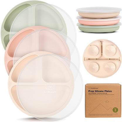 KeaBabies Suction Plates with Lids for Baby - 3-Pack 100% Silicone Suction Plates for Baby, Kids,Toddler Plates,Divided Baby Plates with Suction,Lids, BPA-Free, Microwave, Dishwasher Safe (Macaron)