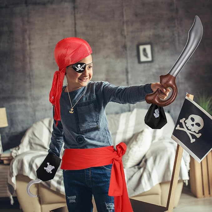 Halloween Pirate Costume Set, 8pcs Pirate Costume Accessories Including Eye Patch Red Kerchief Pirate Anchor Necklace Pirate Hook Red Cloth Belt Braided Bracelet for Kids Women