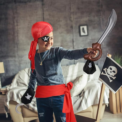 Halloween Pirate Costume Set, 8pcs Pirate Costume Accessories Including Eye Patch Red Kerchief Pirate Anchor Necklace Pirate Hook Red Cloth Belt Braided Bracelet for Kids Women