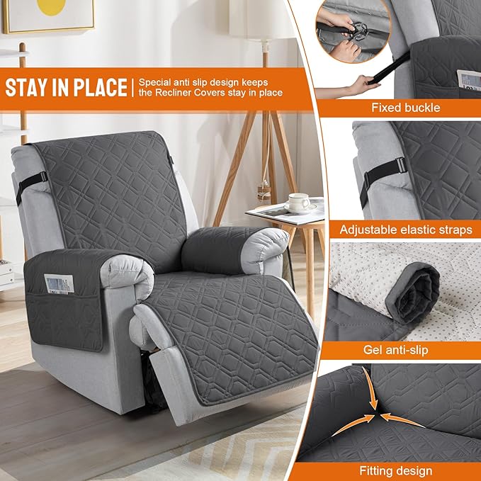 VANSOFY 100% Waterproof Recliner Chair Covers, Recliner Cover Non-Slip Dog Chair Cover Furniture Protector Washable Slipcover with Pocket, Elastic Straps for Pets, Dogs(Charcoal Gray, 30")