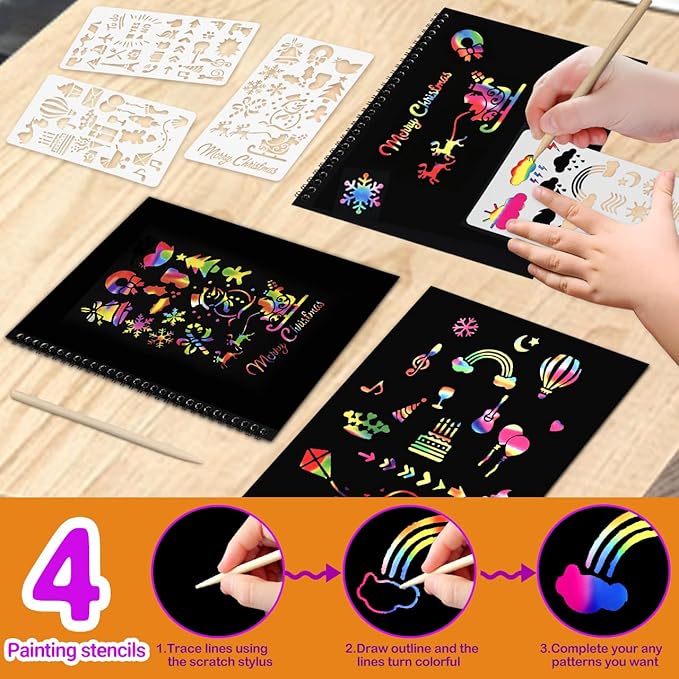 pigipigi Rainbow Scratch Paper for Kids - 2 Pack Large Scratch Off Notebooks Arts Crafts Supplies Kits Drawing Paper Black Magic Sheets Scratch Pad Activity Toy for Girls Boys Christmas Birthday Gift