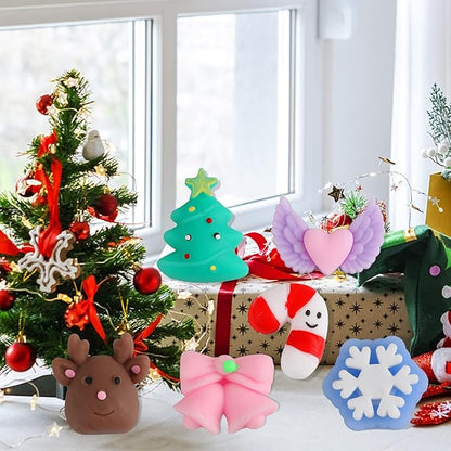 KINGYAO Squishy Fidget Toys, Mini Mochi Squishies 24 Pcs Party Christmas Mochi Favors for Kids Kawaii Snow Man Squishy Stress Relief Toys with Storage Box