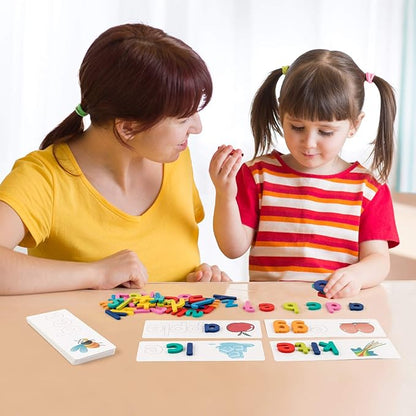 Coogam Reading & Spelling Learning Toy, Wooden Letters Flash Cards Sight Words Matching ABC Alphabet Recognition Game Preschool Educational Tool Set for 3 4 5 Years Old Boys and Girls Kids