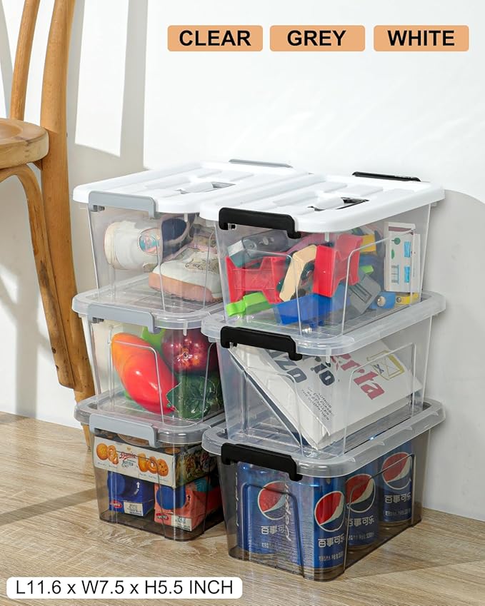 NUMIFUN Plastic Storage Bins with Lids 6 Pack Storage Organizer, 7 Quart Stackable Storage Bins with Buckle-Up Latches and Handle Storage totes easy for Home Office Pantry Organization, Clear Lids