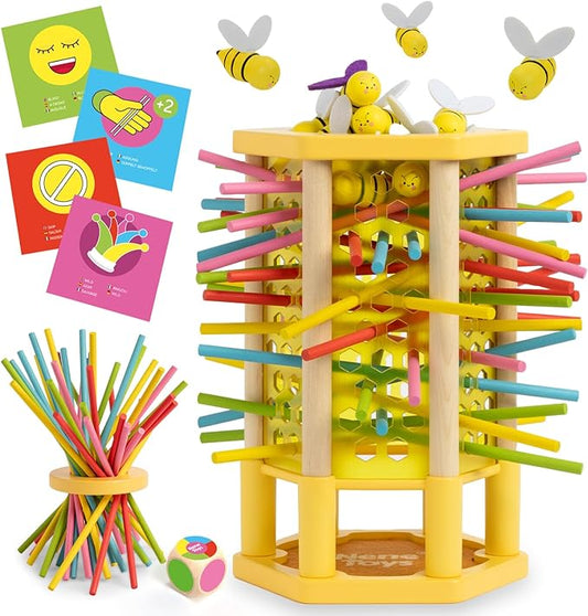 Nene Toys BeeFall, 4-in-1 Wooden Honey Bee Toy for Kids Ages 3-9 - Educational Game with Wooden Honeybee Hive, 12 Bees, Colorful Sticks, Dice & Cards - Fun Family Game for Cognitive Development