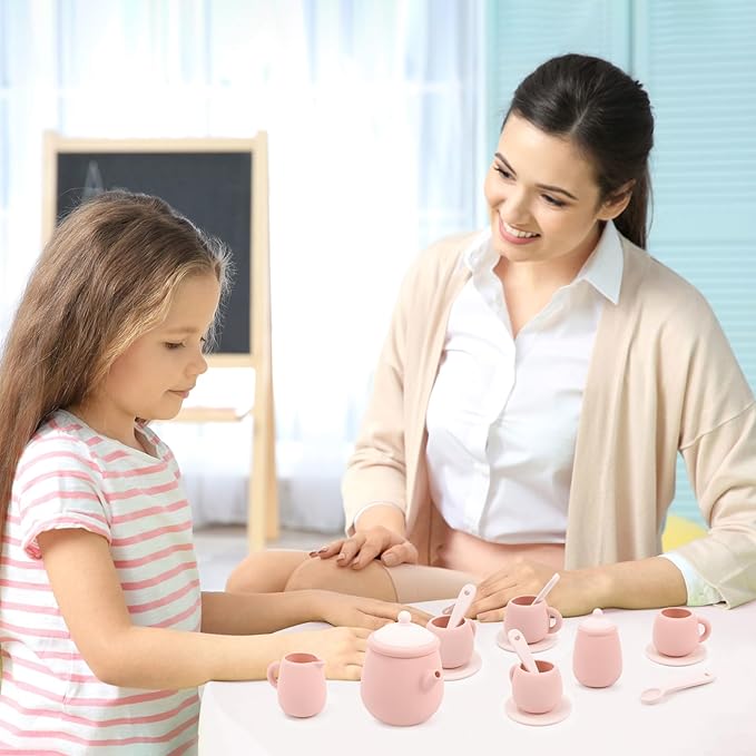 MCGMITT Silicone Tea Set, Tea Party Set for Little Girls Boys, 15 Pcs BPA Free Dishwasher Safe Pretend Tea Set for Toddlers Kids Age 3-6, Cute Toy Kitchen Accessories for Children Birthday Gifts