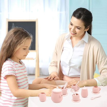 MCGMITT Silicone Tea Set, Tea Party Set for Little Girls Boys, 15 Pcs BPA Free Dishwasher Safe Pretend Tea Set for Toddlers Kids Age 3-6, Cute Toy Kitchen Accessories for Children Birthday Gifts