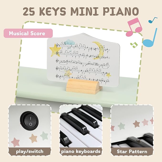 Freniland Wooden Kids Piano, 25 Keys Mini Piano Keyboard for Toddlers, Premium Music Educational Instrument for Boys and Girls Age 3+ (Green)